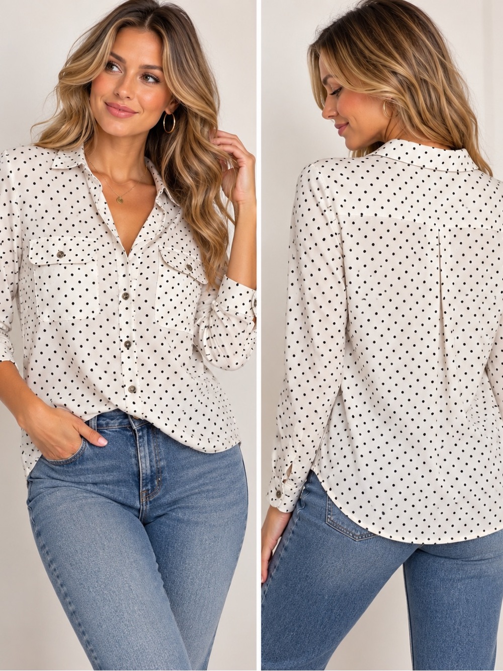 Adrienne Vittadini Classic Polka Dot Button-Up Shirt Blouse Woman’s Large silky
